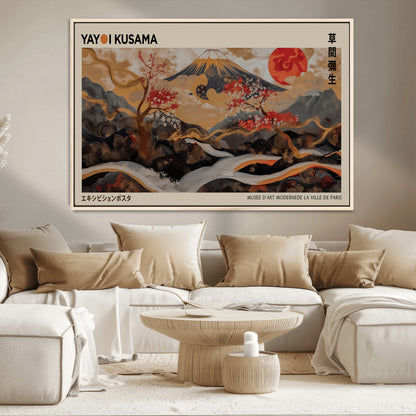 77970791-MGV-CV-36X24-Mount Fuji Golden Abstract Wall Art – Japanese Landscape Canvas Poster, Cherry Blossom & Red Sun Painting, Elegant Zen Oriental