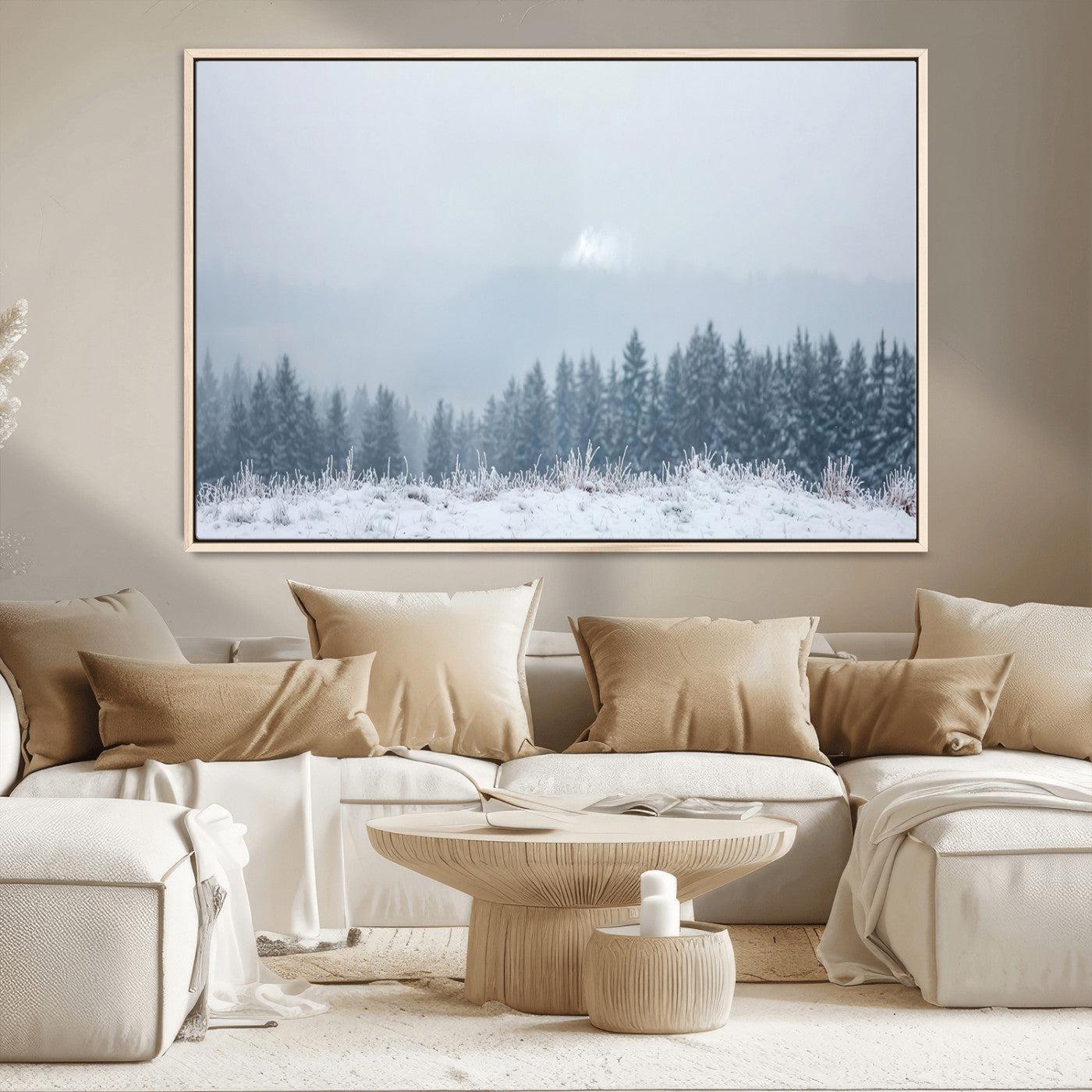 33033082-MGV-CV-36X24-Winter Forest Art Wall Art Canvas Print, Framed Snowy Landscape Art Picture Print, Misty Tree Scene Perfect Nordic Minimalist