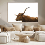 62566114-MGV-CV-36X24-Longhorn Cow Art Wall Art Canvas Print, Framed Rustic Animal Decor Art Picture Print, Texas Bull Photo Perfect Rustic Farmhouse