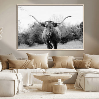 97280319-MGV-CV-36X24-Longhorn Photography Wall Art Canvas Print, Framed Western Cow Decor Art Picture Print, Texas Ranch Style Perfect Rustic Farmhouse
