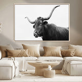 99244177-MGV-CV-36X24-Longhorn Photography Wall Art Canvas Print, Framed Western Cow Decor Art Picture Print, Black White Bull Perfect Modern Rustic