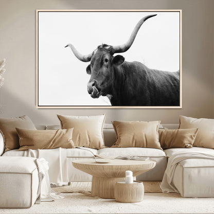 99244177-MGV-CV-36X24-Longhorn Photography Wall Art Canvas Print, Framed Western Cow Decor Art Picture Print, Black White Bull Perfect Modern Rustic