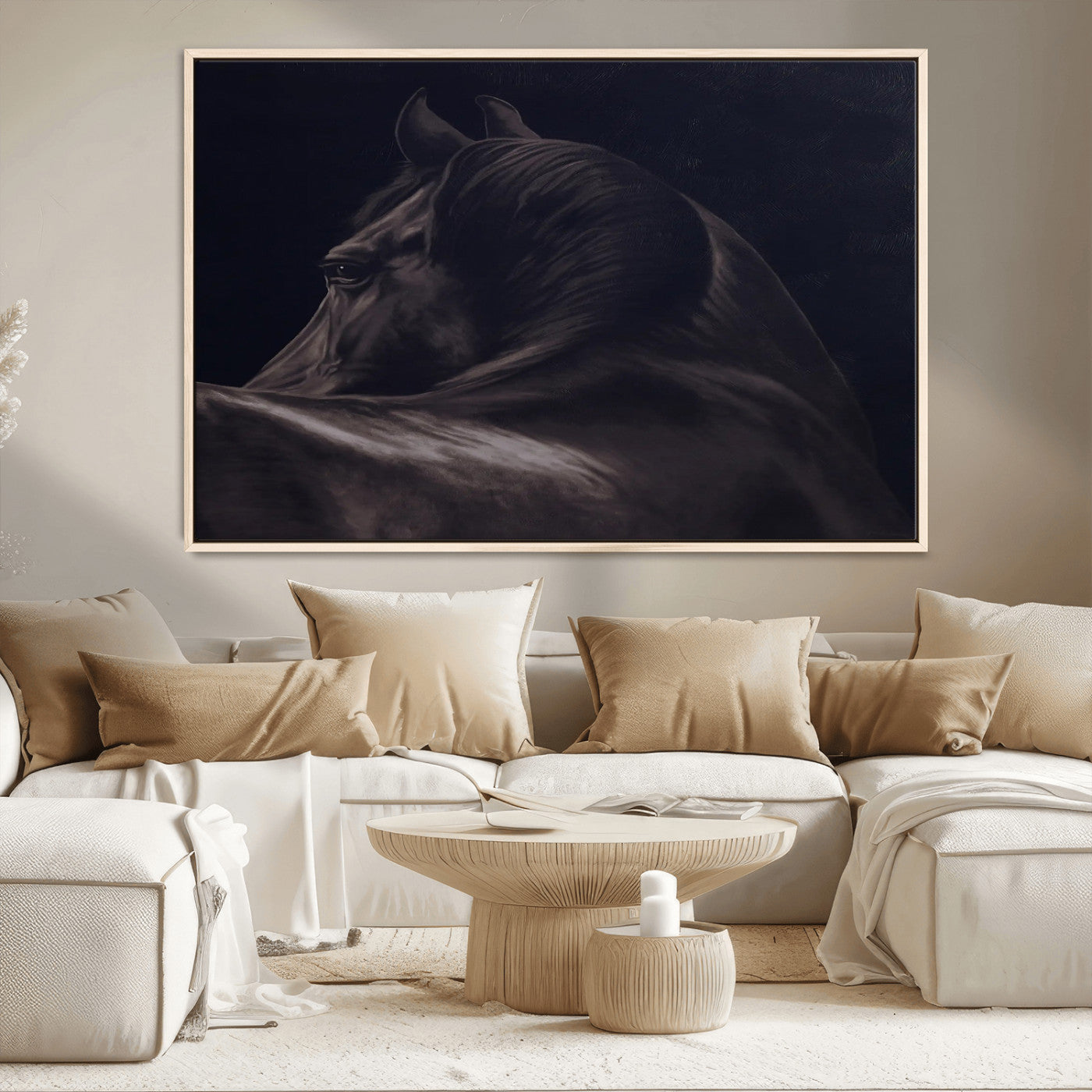 67026880-MGV-CV-36X24-Black Horse Portrait Wall Art Canvas Print, Framed Moody Horse Decor Art Picture Print, Equestrian Wall Style Perfect Masculine