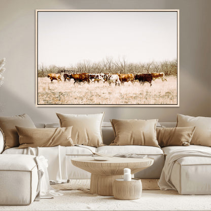12454132-MGV-CV-36X24-Cow Herd Photography Wall Art Canvas Print, Framed Rustic Farmhouse Decor Art Picture Print, Western Ranch Style Perfect Rustic