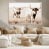 39672786-MGV-CV-36X24-Rustic Cow Scene Wall Art Canvas Print, Framed Farmhouse Style Cattle Art Picture Print, Prairie Animal Duo Perfect Rustic Western