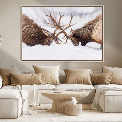 36507609-MGV-CV-36X24-Elk Clash Scene Wall Art Canvas Print, Framed Wildlife Strength Decor Art Picture Print, Snowy Forest Elk Perfect Rustic Lodge