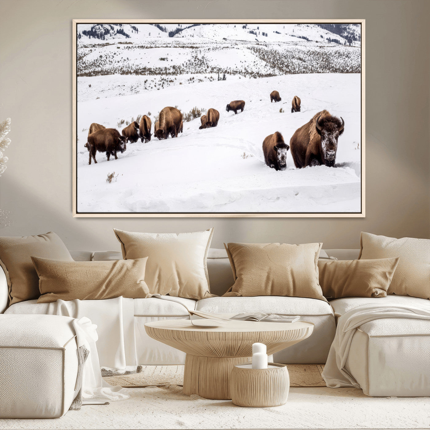 13891210-MGV-CV-36X24-Bison Herd Scene Wall Art Canvas Print, Framed Western Wildlife Decor Art Picture Print, Snowy Mountain Valley Perfect Rustic