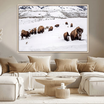 13891210-MGV-CV-36X24-Bison Herd Scene Wall Art Canvas Print, Framed Western Wildlife Decor Art Picture Print, Snowy Mountain Valley Perfect Rustic
