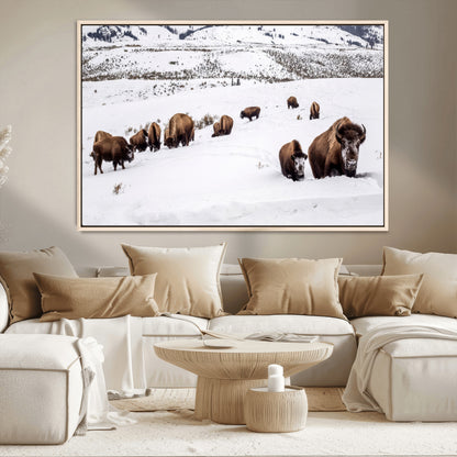 13891210-MGV-CV-36X24-Bison Herd Scene Wall Art Canvas Print, Framed Western Wildlife Decor Art Picture Print, Snowy Mountain Valley Perfect Rustic