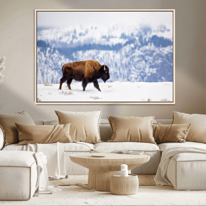 58512275-MGV-FC-36X24_Natural-Cowboy Aesthetic Wall Art Canvas Print, Framed Neutral Animal Theme Art Picture Print, Bison Ranch Style Perfect Rustic Western