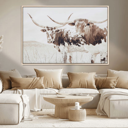 48161868-MGV-CV-36X24-Longhorn Cow Decor Wall Art Canvas Print, Framed Rustic Cattle Art Picture Print, Sepia Western Vibe Perfect Neutral Rustic