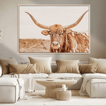 74406977-MGV-CV-36X24-Longhorn Bull Decor Wall Art Canvas Print, Framed Western Cow Theme Art Picture Print, Rustic Farmhouse Wall Perfect Neutral