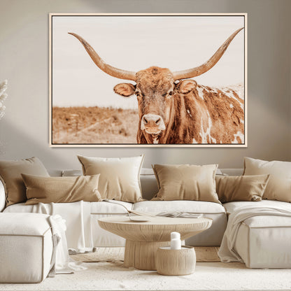 74406977-MGV-CV-36X24-Longhorn Bull Decor Wall Art Canvas Print, Framed Western Cow Theme Art Picture Print, Rustic Farmhouse Wall Perfect Neutral