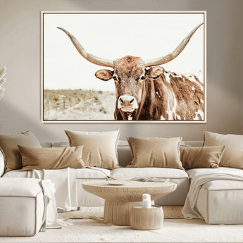 98924580-MGV-CV-36X24-Texas Longhorn Bull Wall Art Canvas Print, Framed Rustic Farmhouse Decor Art Picture Print, Western Animal Theme Perfect Rustic