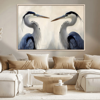 18230556-MGV-CV-36X24-Blue Heron Pair Wall Art Canvas Print, Framed Coastal Bird Theme Art Picture Print, Tranquil Wildlife Scene Perfect Coastal