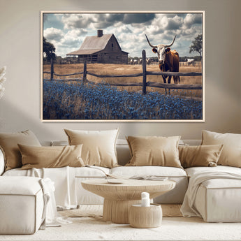 51092814-MGV-CV-36X24-Texas Longhorn Wall Art Wall Art Canvas Print, Framed Rustic Barn Canvas Art Picture Print, Farmhouse Cow Decor Perfect Rustic