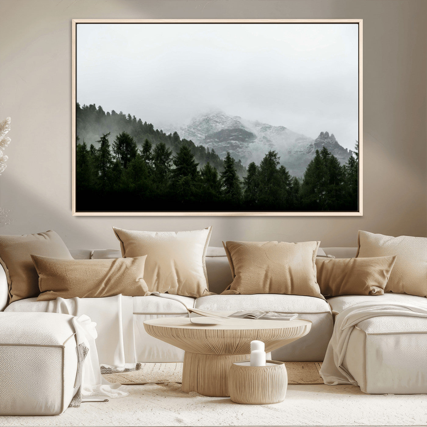 55968349-MGV-CV-36X24-Misty Mountains Wall Art Canvas Print, Framed Foggy Forest Art Picture Print, Snowy Peaks Perfect Moody Wilderness Decor Artwork