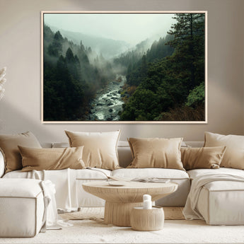 48497565-MGV-CV-36X24-Misty Forest Wall Art Canvas Print, Framed Foggy River Art Picture Print, Moody Landscape Perfect Moody Wilderness Decor Artwork