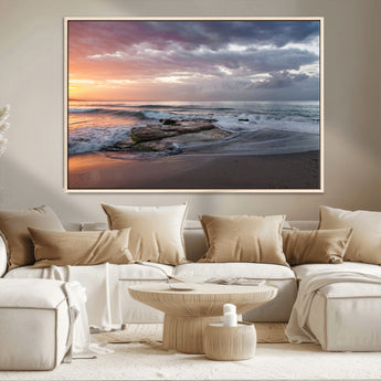 94208089-MGV-CV-36X24-Golden Hour Wall Art Canvas Print, Framed Tranquil Waves Art Picture Print, Beach Horizon Perfect Coastal Serenity Decor Artwork