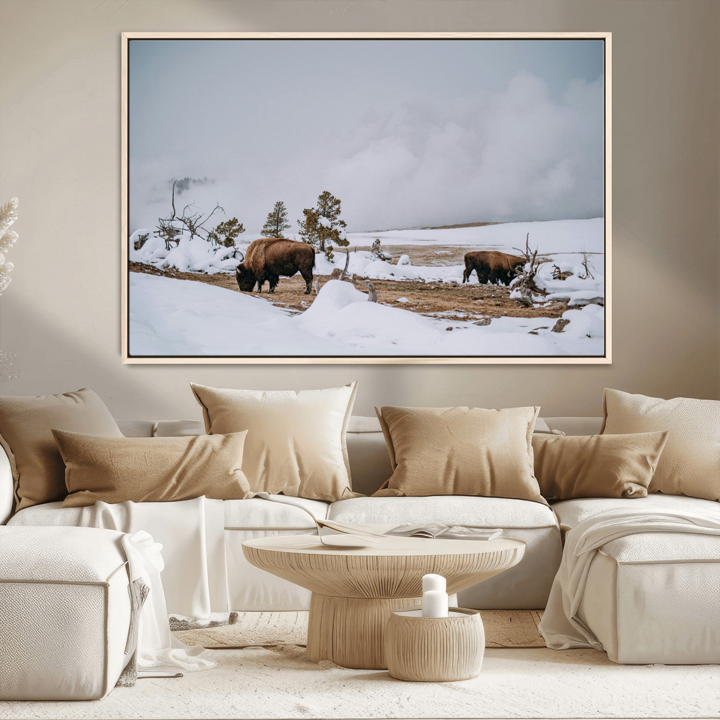 60308289-MGV-CV-36X24-Bison Wildlife Wall Art Canvas Print, Framed Snowy Prairie Art Picture Print, Western Landscape Perfect Rustic Winter Decor