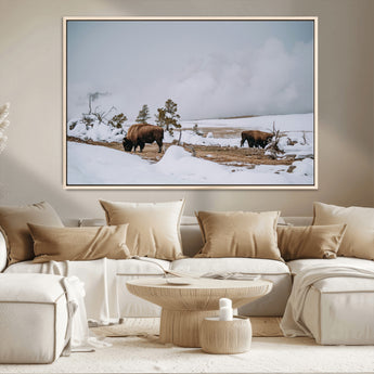 60308289-MGV-CV-36X24-Bison Wildlife Wall Art Canvas Print, Framed Snowy Prairie Art Picture Print, Western Landscape Perfect Rustic Winter Decor