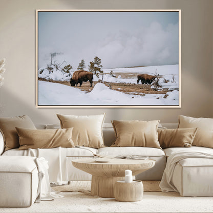 60308289-MGV-CV-36X24-Bison Wildlife Wall Art Canvas Print, Framed Snowy Prairie Art Picture Print, Western Landscape Perfect Rustic Winter Decor