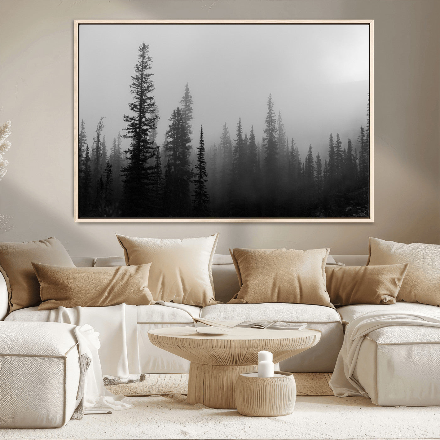 73138900-MGV-CV-36X24-Misty Pines Wall Art Canvas Print, Framed Woodland Photography Art Picture Print, Minimalist Decor Perfect Modern Rustic Decor