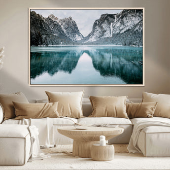 73098373-MGV-CV-36X24-Mountain Lake Wall Art Canvas Print, Framed Winter Wonderland Art Picture Print, Snowy Peaks Perfect Modern Nature Decor Artwork