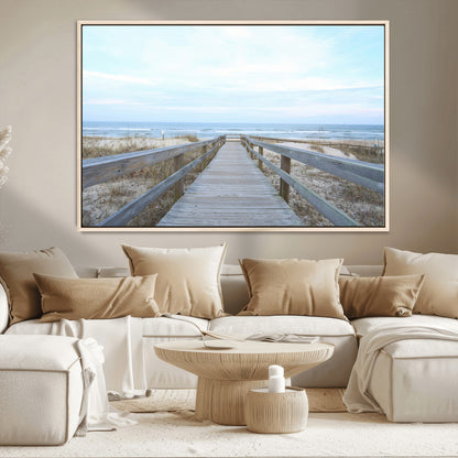 31602988-MGV-CV-36X24-Beach Boardwalk Wall Art Canvas Print, Framed Coastal Serenity Art Picture Print, Ocean View Perfect Coastal Minimalist Decor