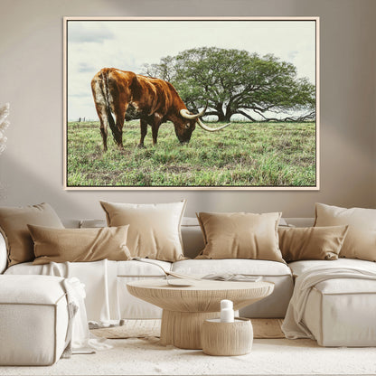91866234-MGV-CV-36X24-Texas Longhorn Wall Art Canvas Print, Framed Rustic Ranch Art Picture Print, Western Cattle Perfect Rustic Farmhouse Decor Artwork