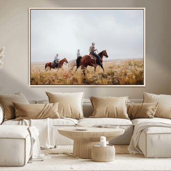 94723307-MGV-CV-36X24-Western Cowboys Wall Art Canvas Print, Framed Rustic Prairie Art Picture Print, Horseback Riding Perfect Rustic Western Decor