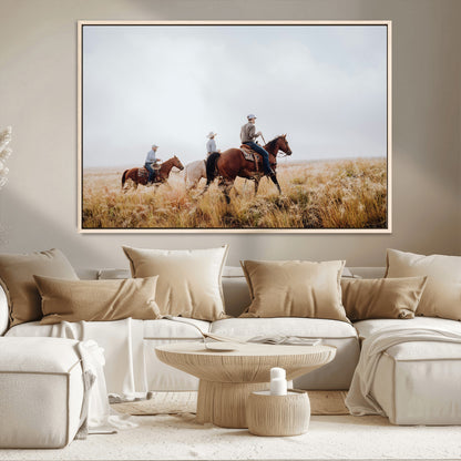 94723307-MGV-CV-36X24-Western Cowboys Wall Art Canvas Print, Framed Rustic Prairie Art Picture Print, Horseback Riding Perfect Rustic Western Decor