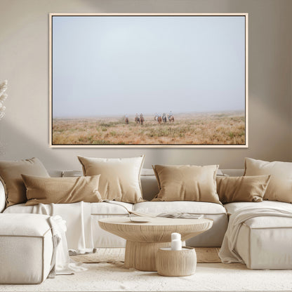 14761944-MGV-CV-36X24-Foggy Plains Wall Art Canvas Print, Framed Horseback Riders Art Picture Print, Rustic Western Perfect Rustic Western Decor Artwork