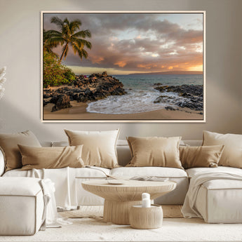 55108220-MGV-CV-36X24-Tropical Beach Wall Art Canvas Print, Framed Hawaiian Sunset Art Picture Print, Ocean Waves Perfect Coastal Tropical Decor Artwork