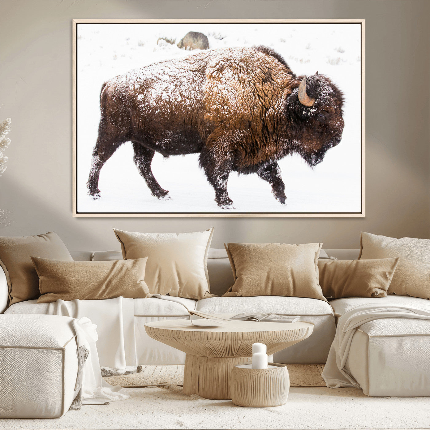 94261165-MGV-CV-36X24-Snowy Buffalo Wall Art Canvas Print, Framed Wildlife Photography Art Picture Print, Brown Tones Perfect Rustic Lodge Decor Decor