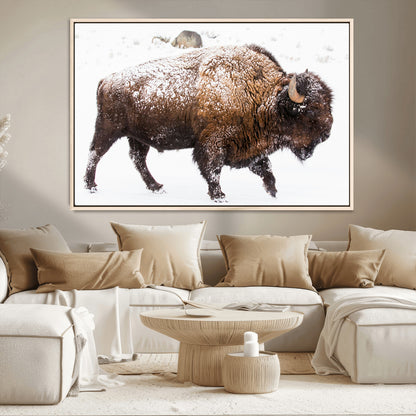 94261165-MGV-CV-36X24-Snowy Buffalo Wall Art Canvas Print, Framed Wildlife Photography Art Picture Print, Brown Tones Perfect Rustic Lodge Decor Decor