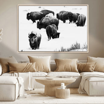 18914414-MGV-CV-36X24-Buffalo Herd Wall Art Canvas Print, Framed Black and White Art Picture Print, Snowy Landscape Perfect Rustic Lodge Decor Decor