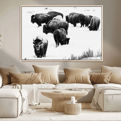 18914414-MGV-CV-36X24-Buffalo Herd Wall Art Canvas Print, Framed Black and White Art Picture Print, Snowy Landscape Perfect Rustic Lodge Decor Decor