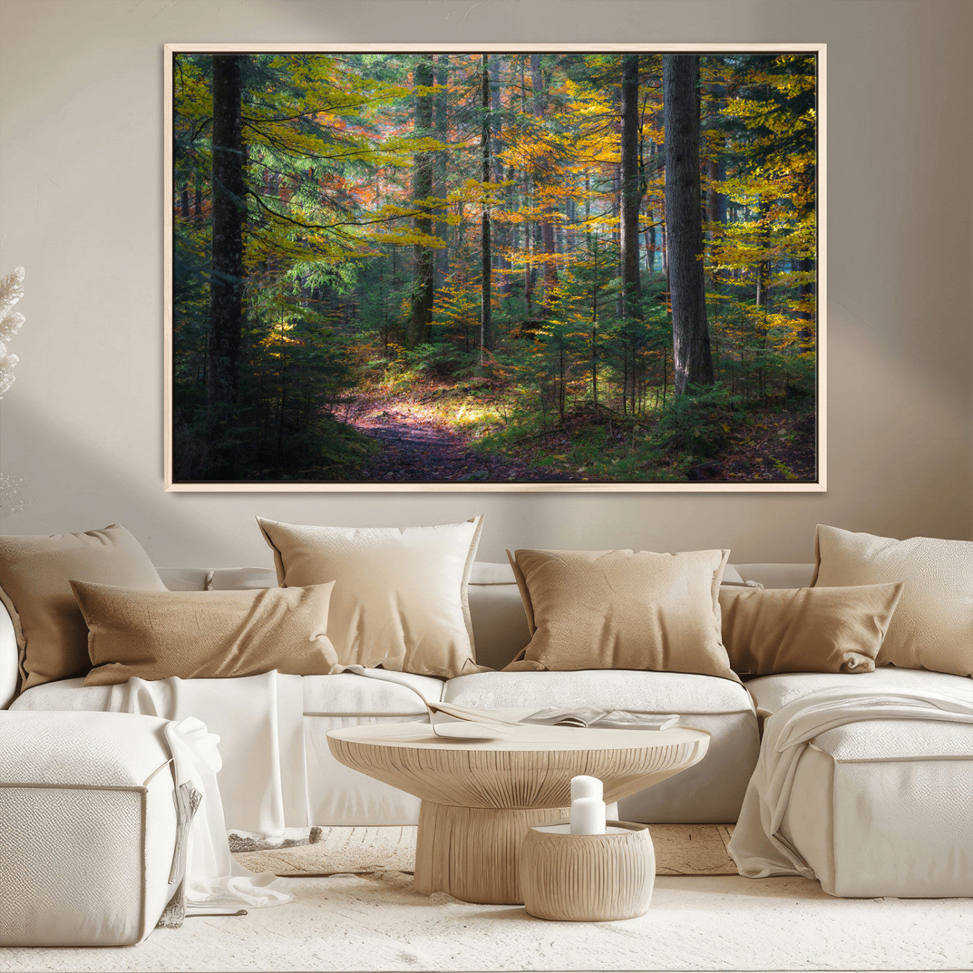 65810864-MGV-CV-36X24-Autumn Forest Wall Art Canvas Print, Framed Fall Woodland Art Picture Print, Golden Leaves Perfect Rustic Farmhouse Decor Artwork