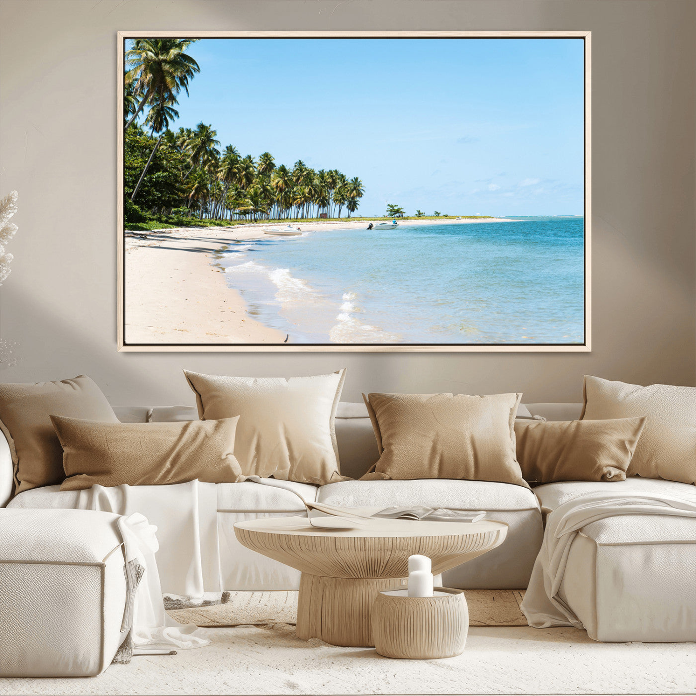 37858872-MGV-CV-36X24-Palm Tree Coast Wall Art Canvas Print, Framed Island Getaway Art Picture Print, Crystal Blue Water Perfect Tropical Coastal Decor