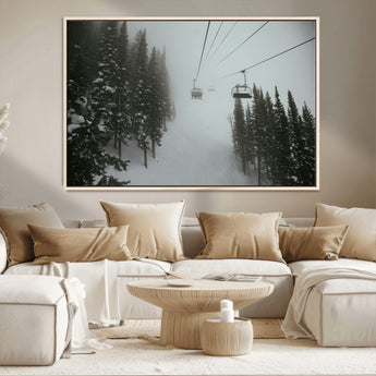 87018452-MGV-CV-36X24-Ski Lift Wall Art Canvas Print, Framed Snowy Pines Art Picture Print, Misty Landscape Perfect Winter Serenity Decor Artwork