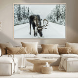 13316292-MGV-CV-36X24-Moose in Snow Wall Art Canvas Print, Framed Winter Wildlife Art Picture Print, Snowy Forest Scene Perfect Rustic Lodge Decor