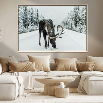 13316292-MGV-CV-36X24-Moose in Snow Wall Art Canvas Print, Framed Winter Wildlife Art Picture Print, Snowy Forest Scene Perfect Rustic Lodge Decor