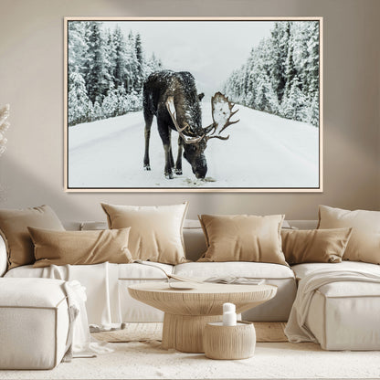 13316292-MGV-CV-36X24-Moose in Snow Wall Art Canvas Print, Framed Winter Wildlife Art Picture Print, Snowy Forest Scene Perfect Rustic Lodge Decor