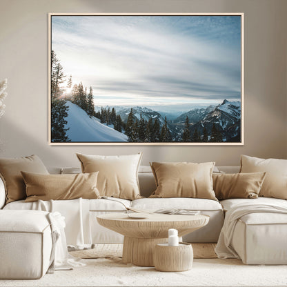 55564749-MGV-CV-36X24-Snowy Mountains Wall Art Canvas Print, Framed Alpine Landscape Art Picture Print, Frosty Peaks Perfect Nordic Minimalist Decor