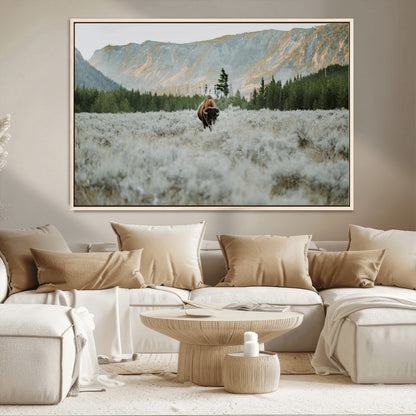 41674074-MGV-FC-36X24_Natural-Bison Wall Art – American Buffalo Wildlife Photography Canvas Print, Western Mountain Landscape Artwork Rustic Nature Decor for