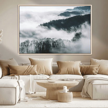 67569654-MGV-CV-36X24-Foggy Forest Wall Art – Mist Covered Hills and Trees Landscape Canvas Print, Moody Nature Photography Decor for Living Room,