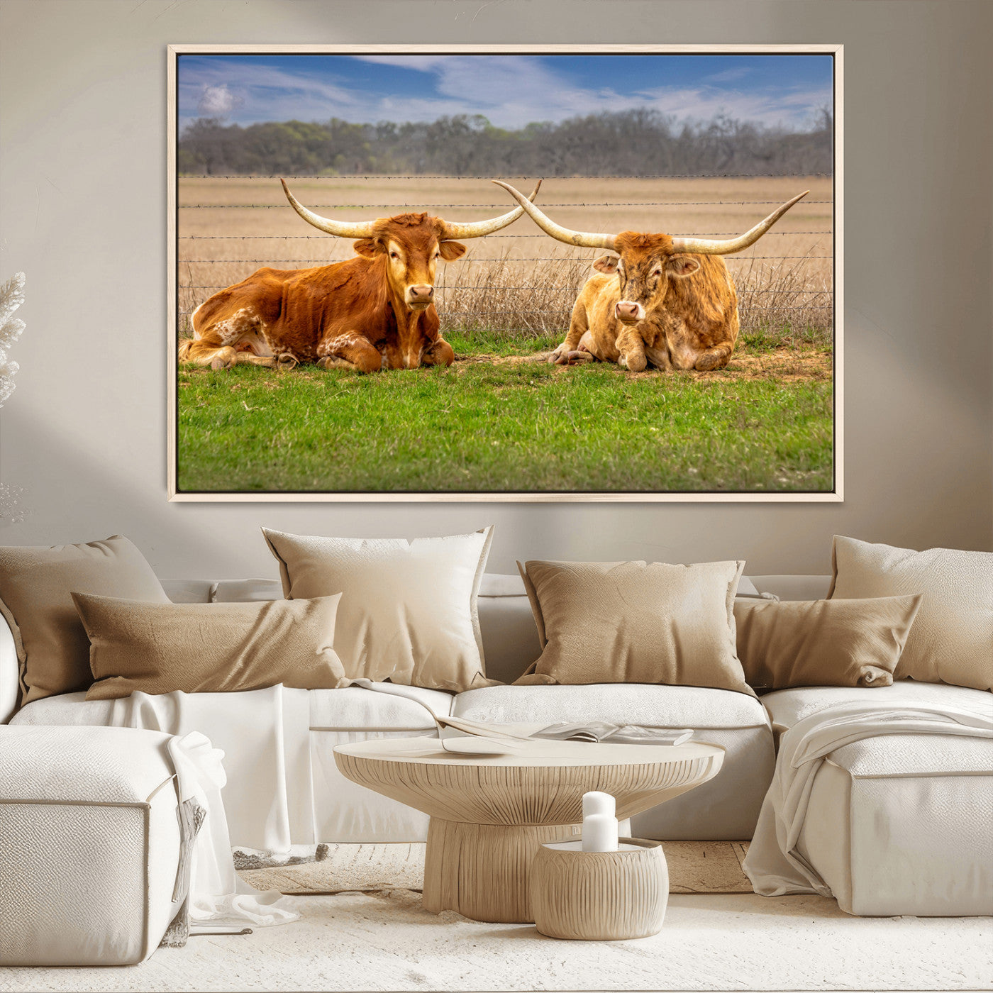 54598515-MGV-CV-36X24-Texas Longhorns Wall Art – Rustic Cattle Ranch Canvas Print, Western Farmhouse Animal Photography Decor for Living Room, Office,