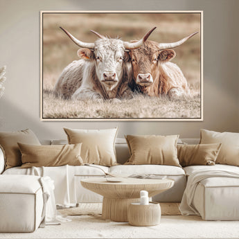 38651722-MGV-CV-36X24-Cow Wall Art – Rustic Longhorn Pair Canvas Print, Western Farmhouse Animal Painting, Country Ranch Decor for Living Room, Bedroom,