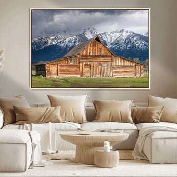 15173627-MGV-CV-36X24-Barn Wall Art – Rustic Wooden Cabin Canvas Print with Snowy Mountain Landscape, Western Farmhouse Country Decor for Living Room,